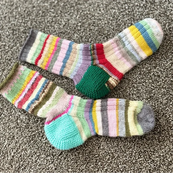 Women’s Scrappy Wool Socks Rainbow Striped Hand Knit - Picture 3 of 7